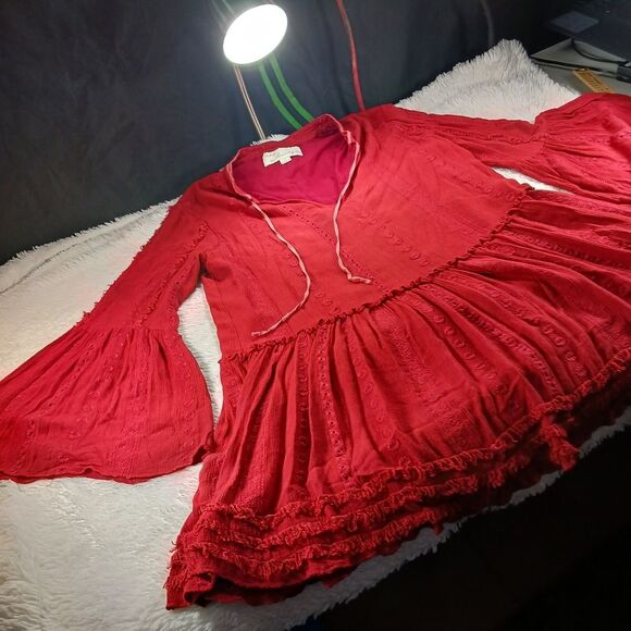 Rayon Red/Rust Colored Boho Lined Tunic V-tie Neck, Long Bell Sleeve Woman's L.. - Picture 7 of 16